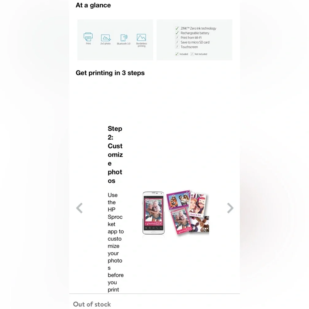 HP Sprocket Portable Photo Printer print on 2x3 Sticky-Backed Paper White X7N07A